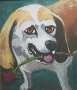 Dog with rose, mixed media on canvas